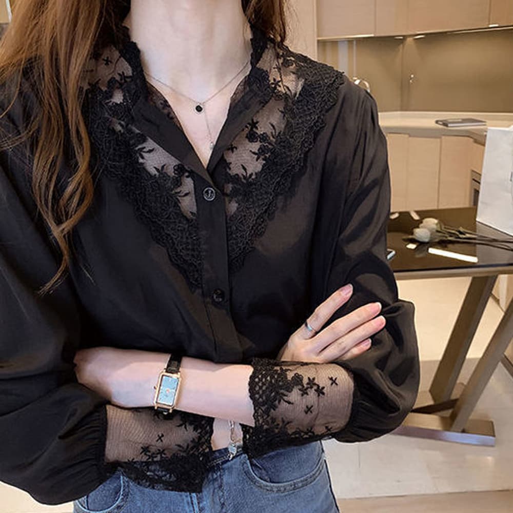 レース 服 刺繍レース長袖ブラウス レディース