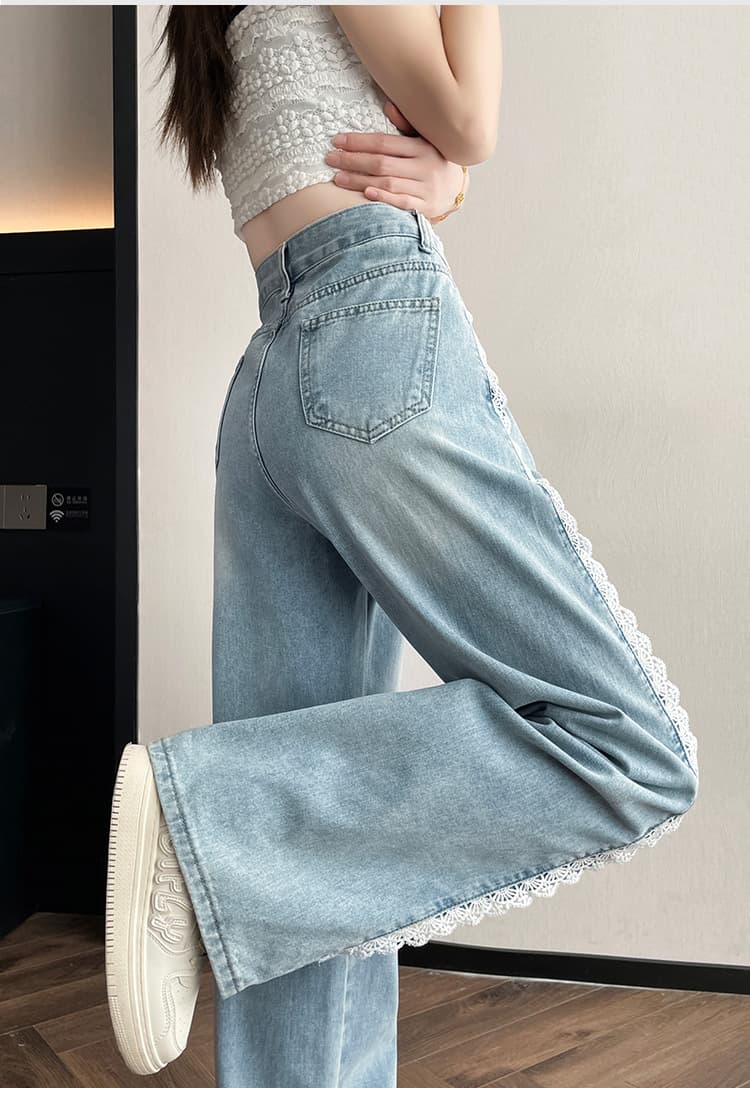 レース 服 レース装飾入りゆったりデニムパンツ