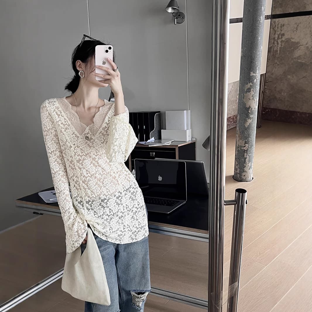 レース 服 透かし編みレース華麗長袖ブラウス