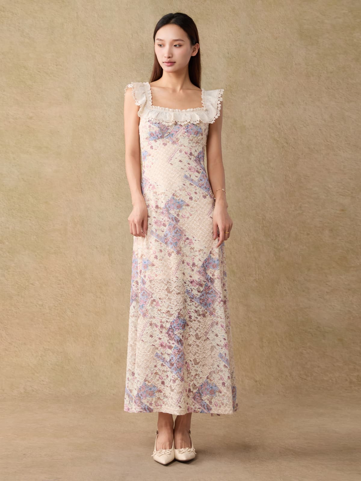 レース 服 花柄フリルレースロングワンピース