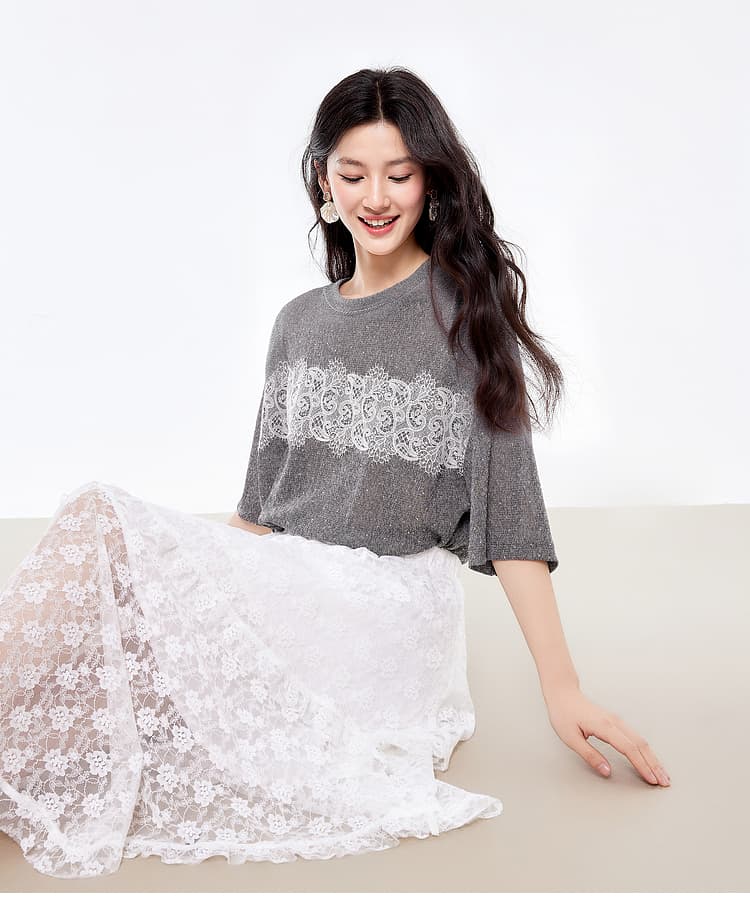 レース 服 花模様レース飾りゆったりトップス