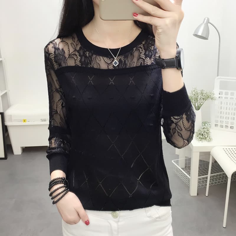 レース 服 透かしレース切替ダイヤ柄ニットプルオーバー