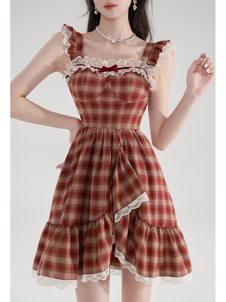 レース 服 格子模様フリルレースワンピース