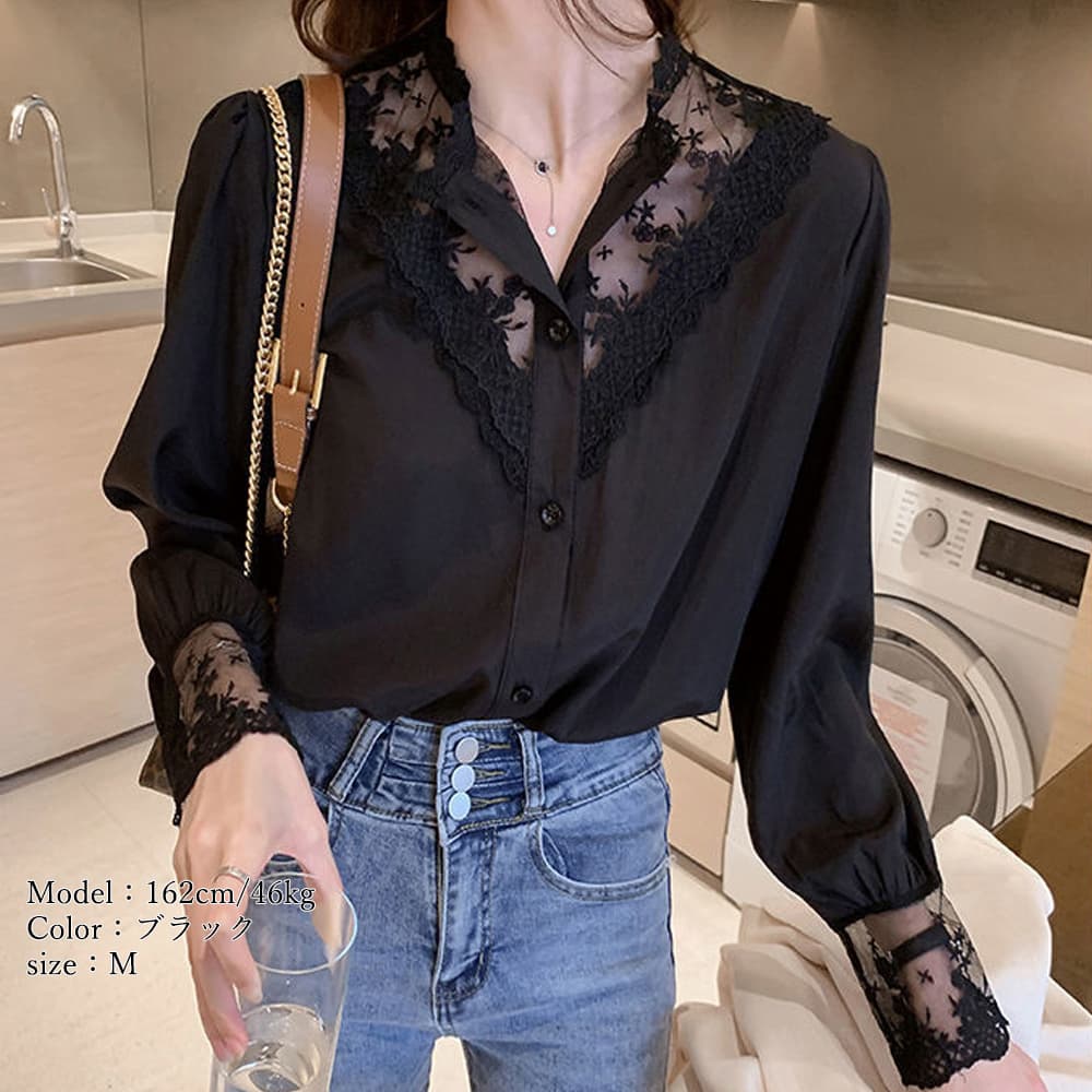 レース 服 刺繍レース長袖ブラウス レディース