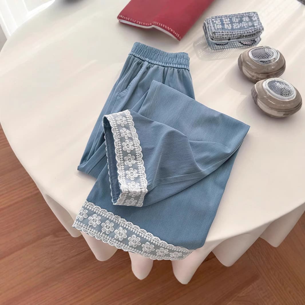 レース 服 花レース装飾 リラックスワイドパンツ