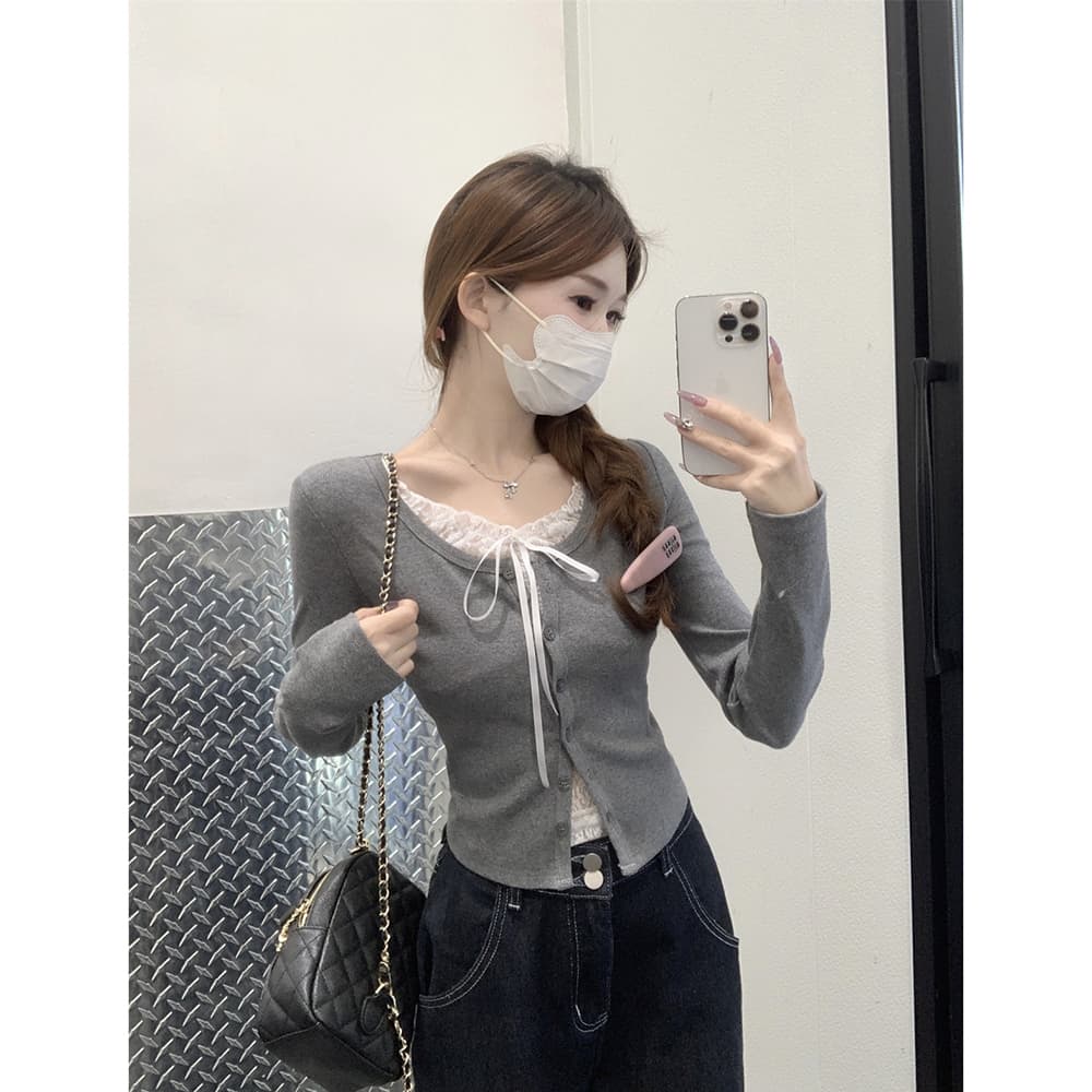 レース 服 レース襟リボン付きカーディガン