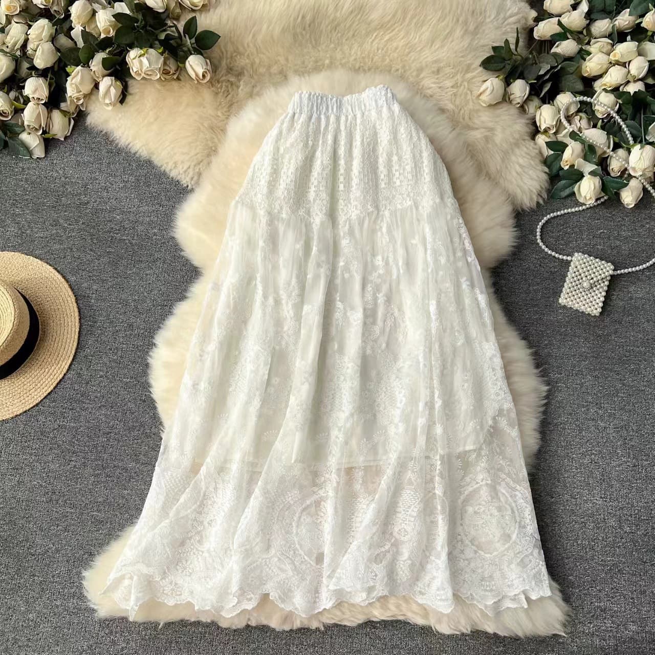 レースファッション レディース 花柄総レースロング丈スカート