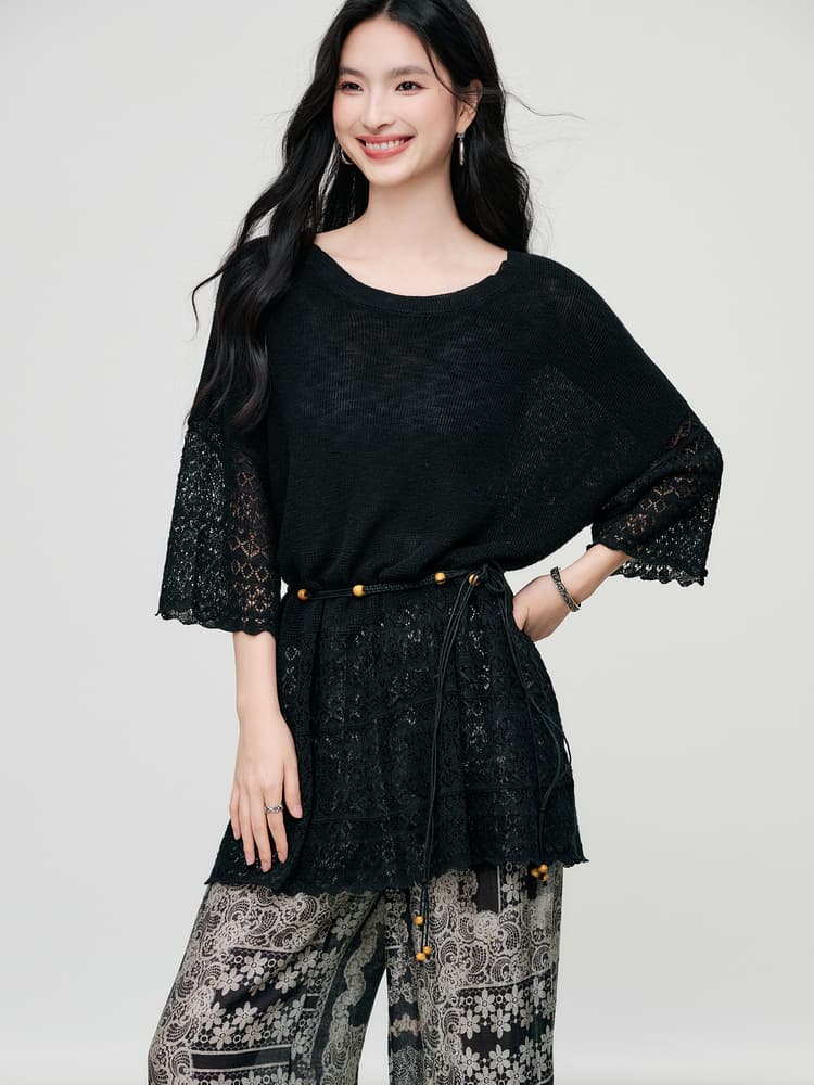 レース 服 花柄レース切替ゆったりプルオーバー