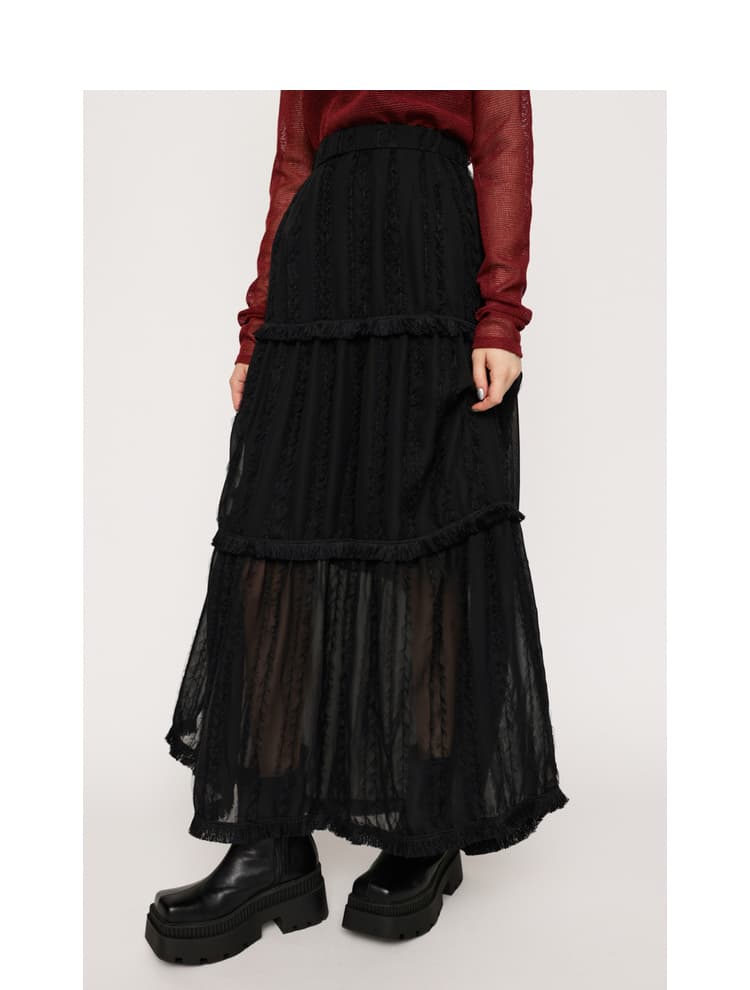 レース 服 透け感たっぷり 三段フリルロングスカート