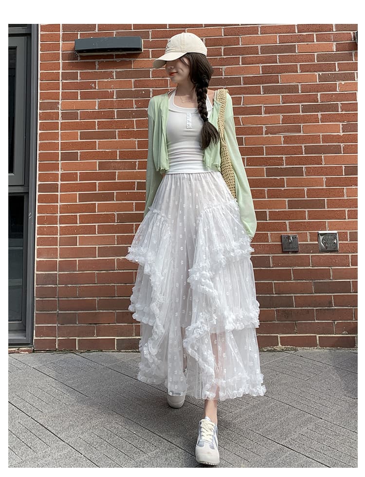 レース 服 ふんわり重ねティアードメッシュスカート