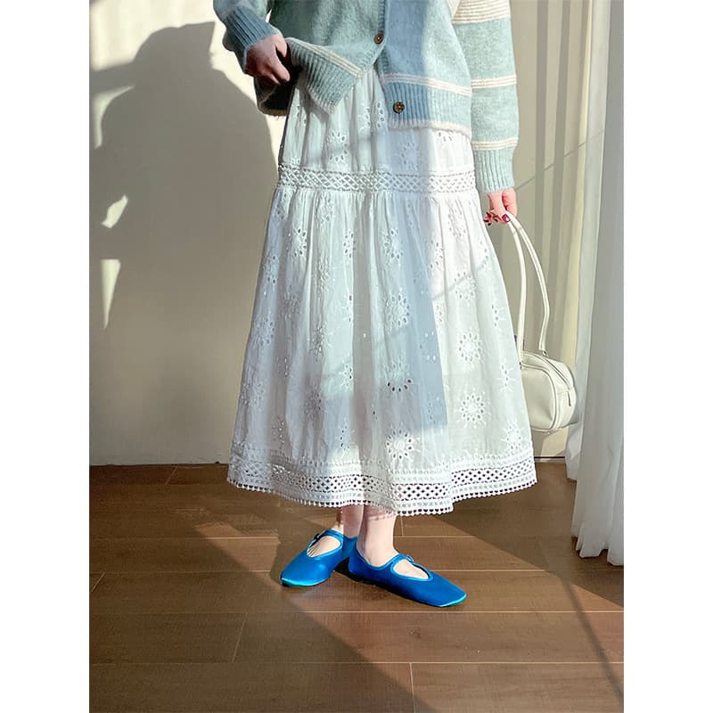 レースファッション アイレット刺繍レースロングスカート