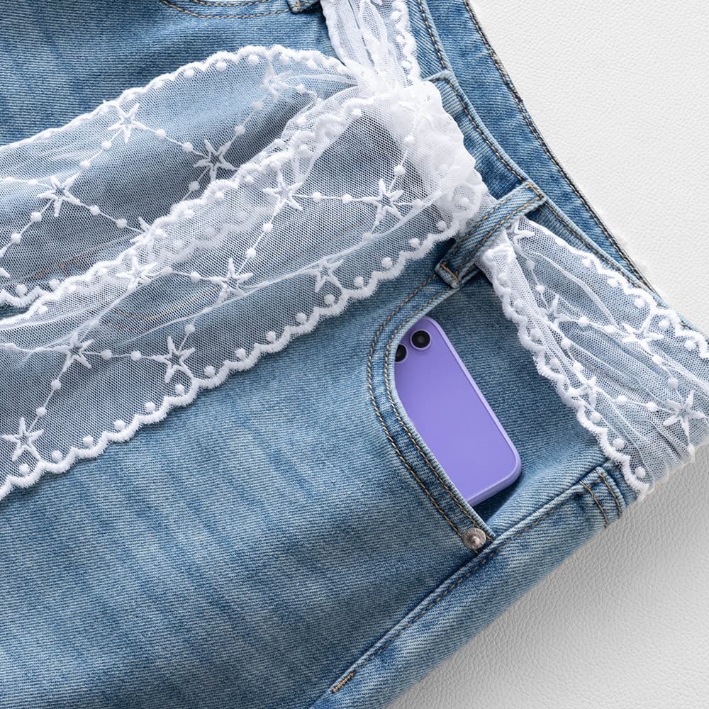 レース 服 レース飾りワイドデニムパンツ