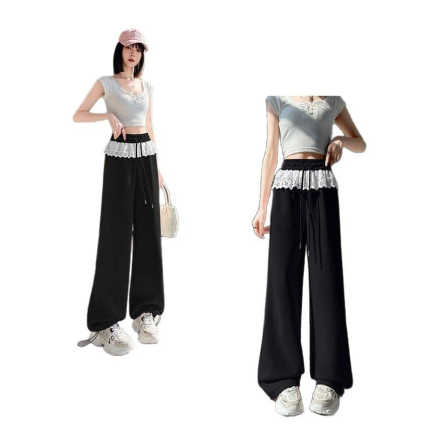 レース 服 レース装飾ウエスト ゆったりワイドパンツ