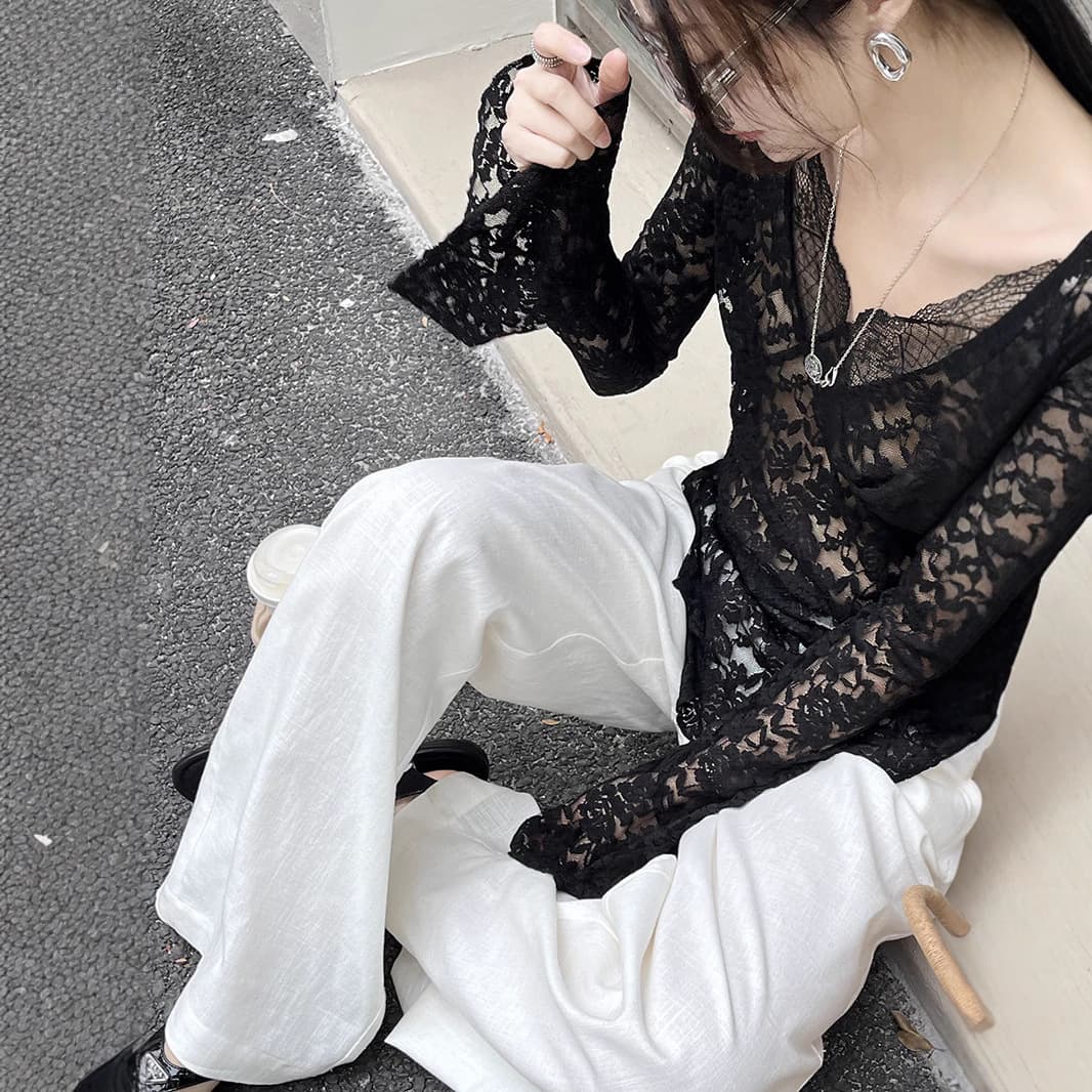 レース 服 透かし編みレース華麗長袖ブラウス