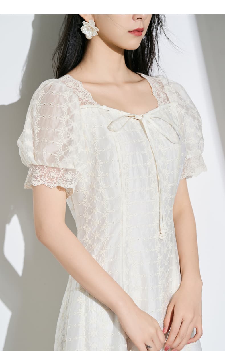 レースファッション 優美なレース編み パフスリーブロングワンピース
