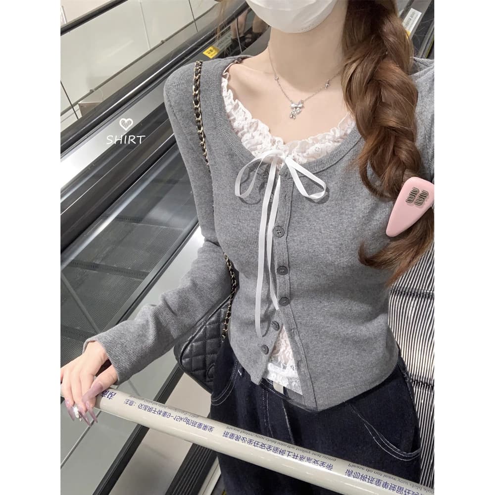 レース 服 レース襟リボン付きカーディガン