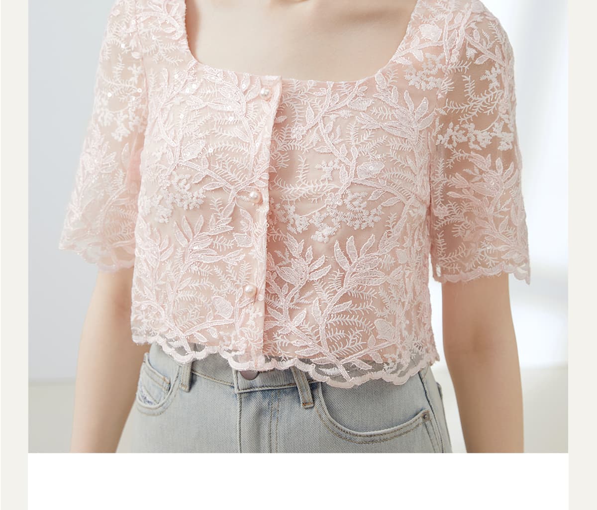 レース 服 花模様スクエアネックレーストップス