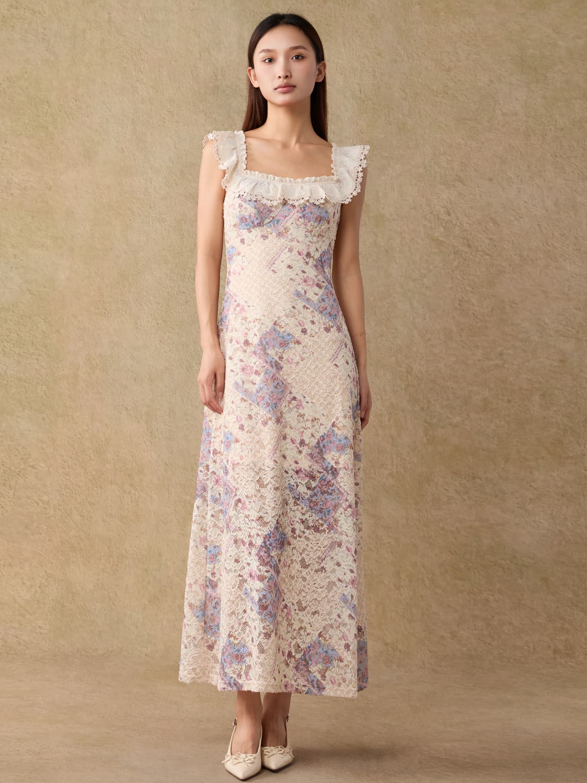 レース 服 花柄フリルレースロングワンピース