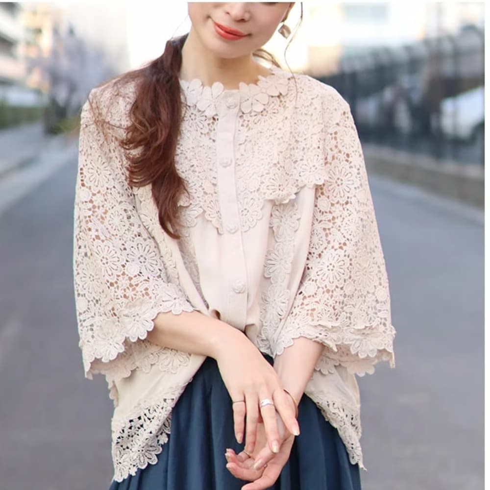 レースファッション 花柄レースフレア七分袖ブラウス