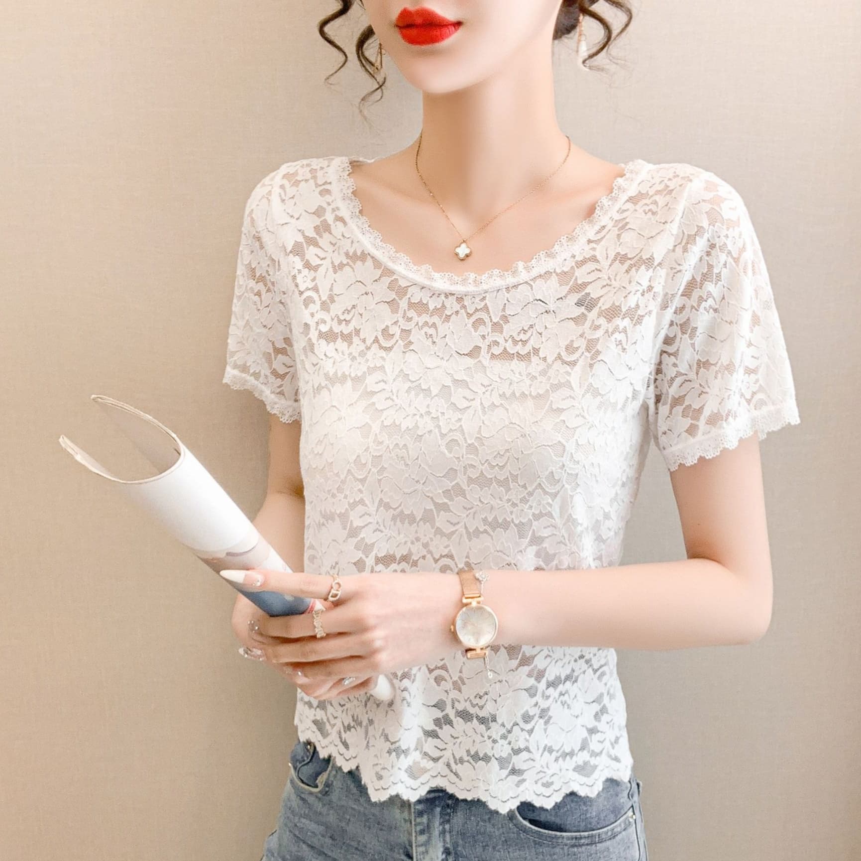 レースファッション 透かし柄シースルーレーストップス