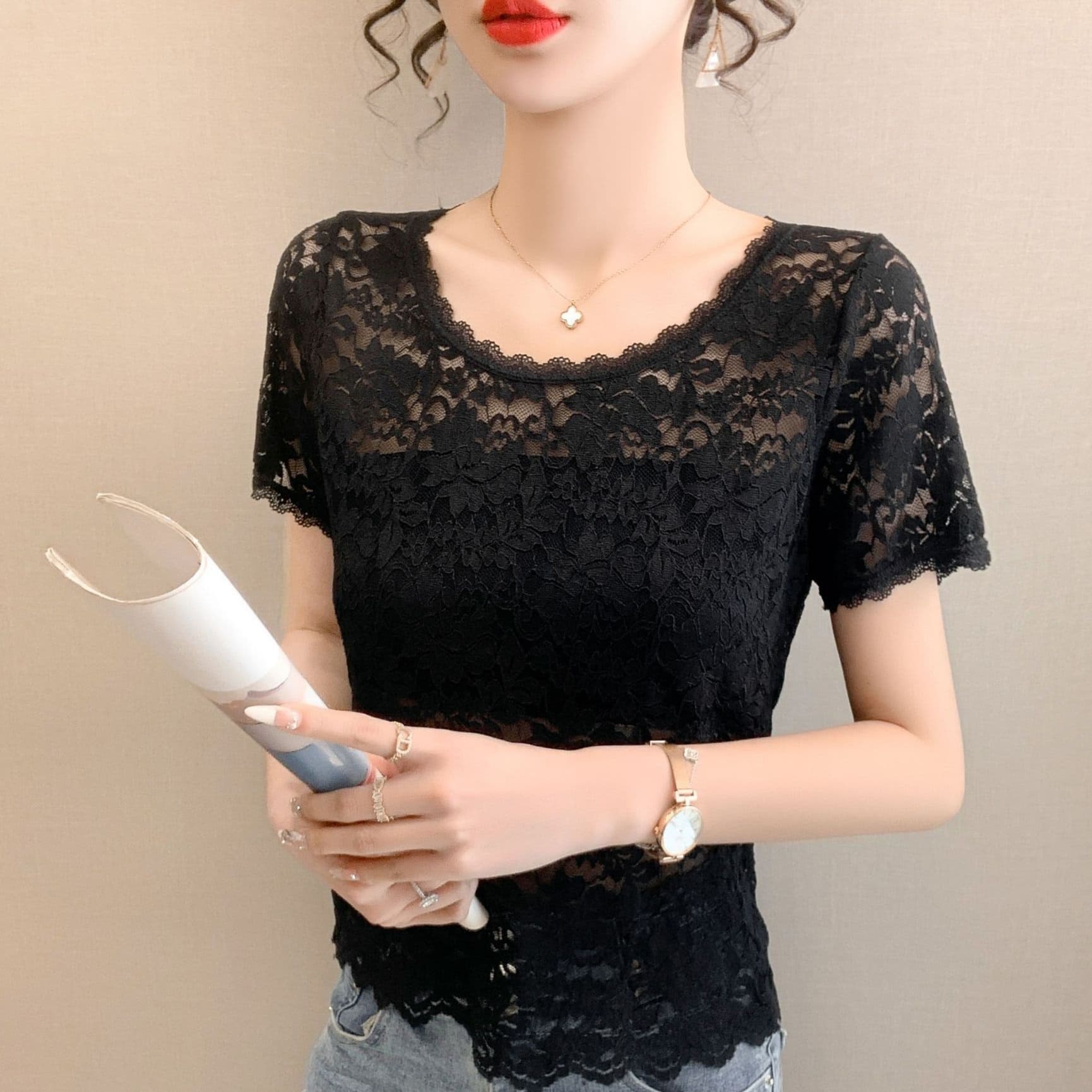 レースファッション 透かし柄シースルーレーストップス