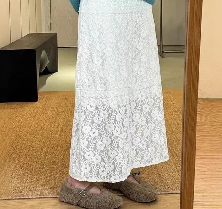 レースファッション 花モチーフ総レースマキシスカート