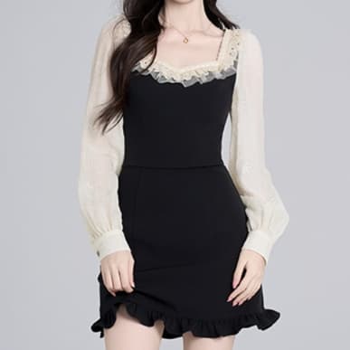 レース 服 フリルレース切り替えデザインワンピース