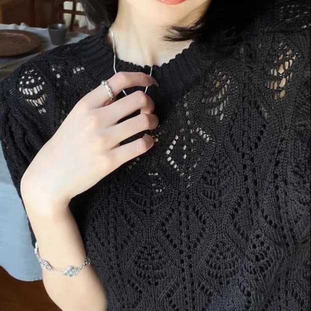 レース 服 透かし模様デザイン編みニットトップス