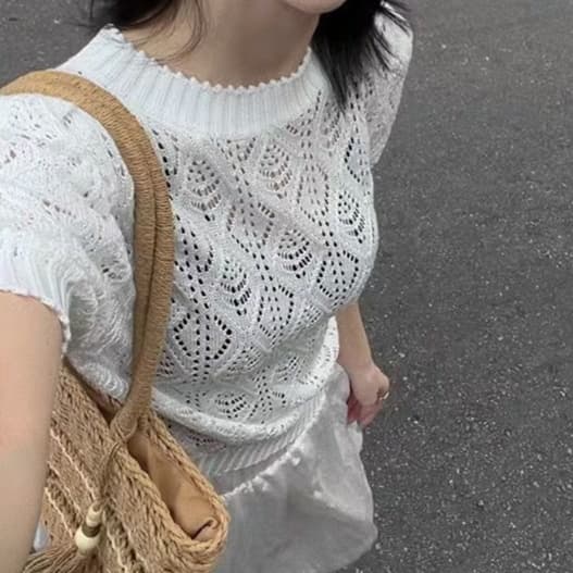 レース 服 透かし模様デザイン編みニットトップス