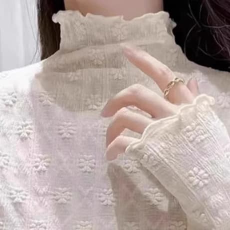 レース 服 花柄刺繍入り立ち襟レーストップス