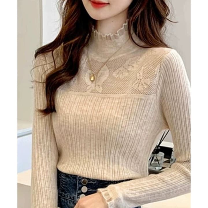 レース 服 透かしレース切替リブニットプルオーバー
