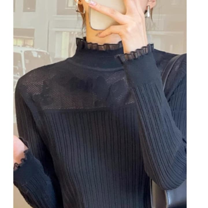 レース 服 透かしレース切替リブニットプルオーバー