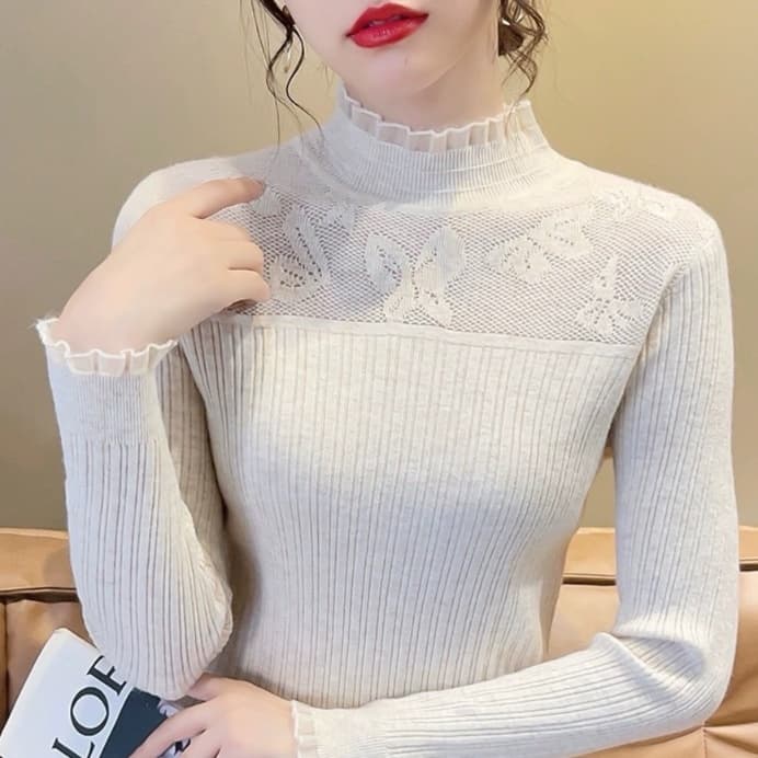レース 服 透かしレース切替リブニットプルオーバー