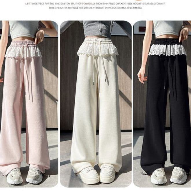 レース 服 レース装飾ウエスト ゆったりワイドパンツ