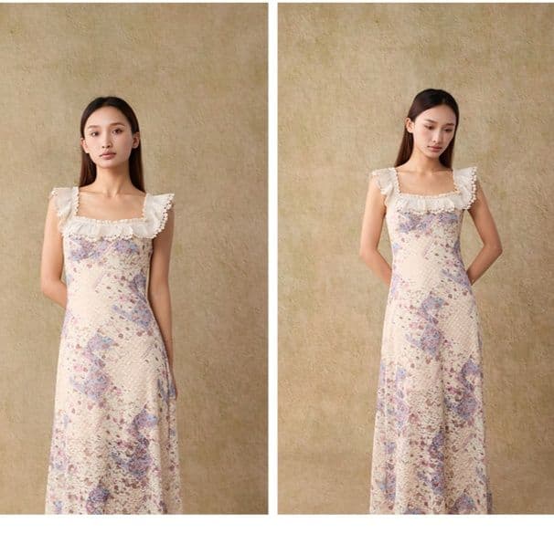 レース 服 花柄フリルレースロングワンピース