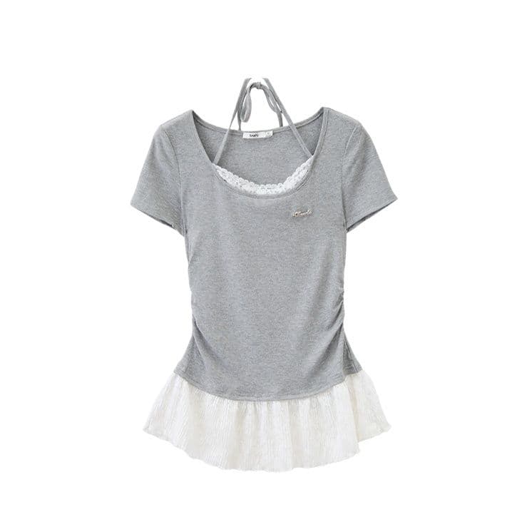 レース 服 レース裾フリル半袖リブトップス