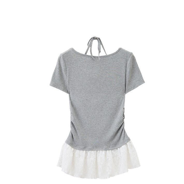 レース 服 レース裾フリル半袖リブトップス