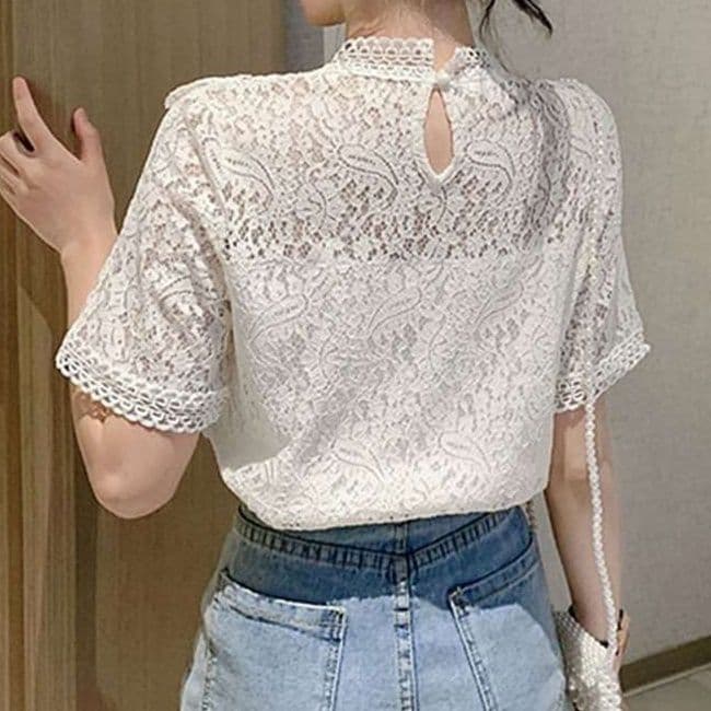 レース 服 上品レース 半袖ハイネックブラウス