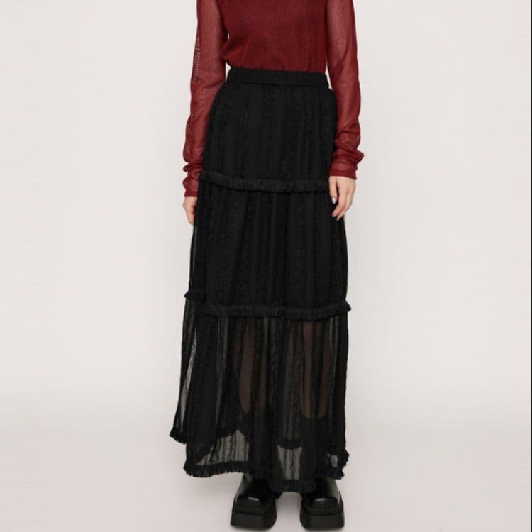 レース 服 透け感たっぷり 三段フリルロングスカート