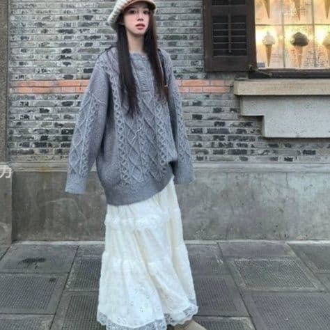 レースファッション ティアードレースデザインロングスカート