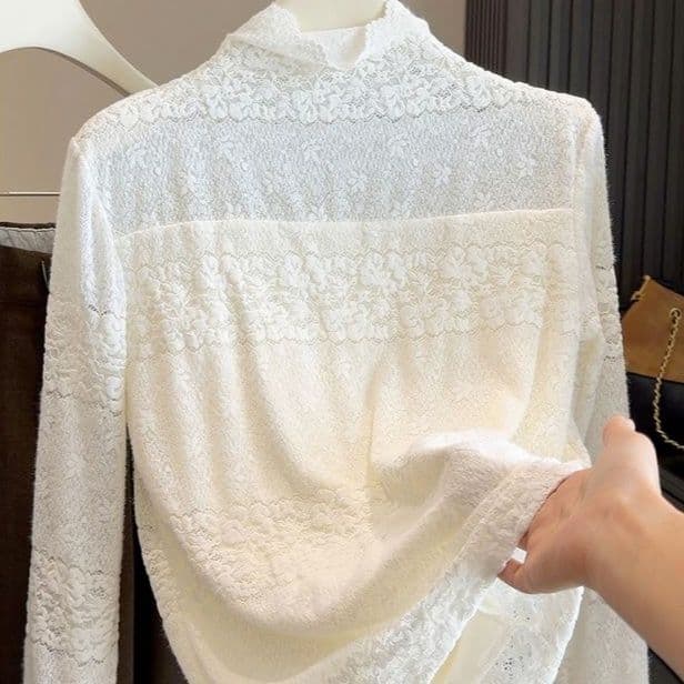 レース服 新入荷レース裏起毛長袖トップス 韓国風インナー 二色