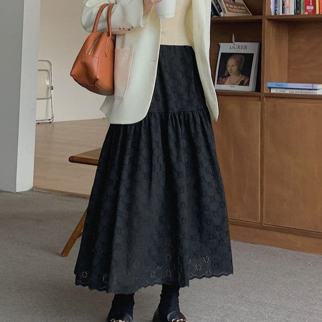 レース 服 透かし彫りレーススカート ロング丈フレア ティアードボトムス