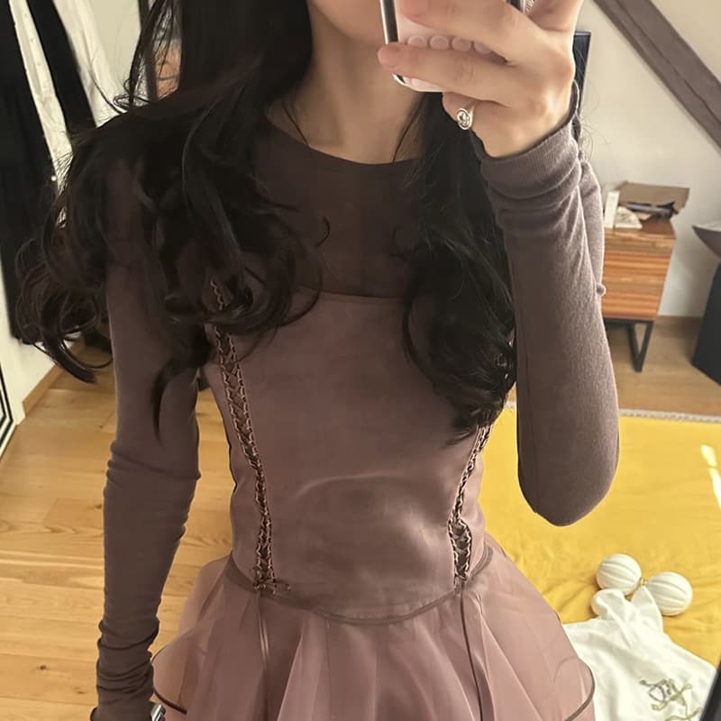 レース 服 透け感シアーレイヤードスカート風デニム