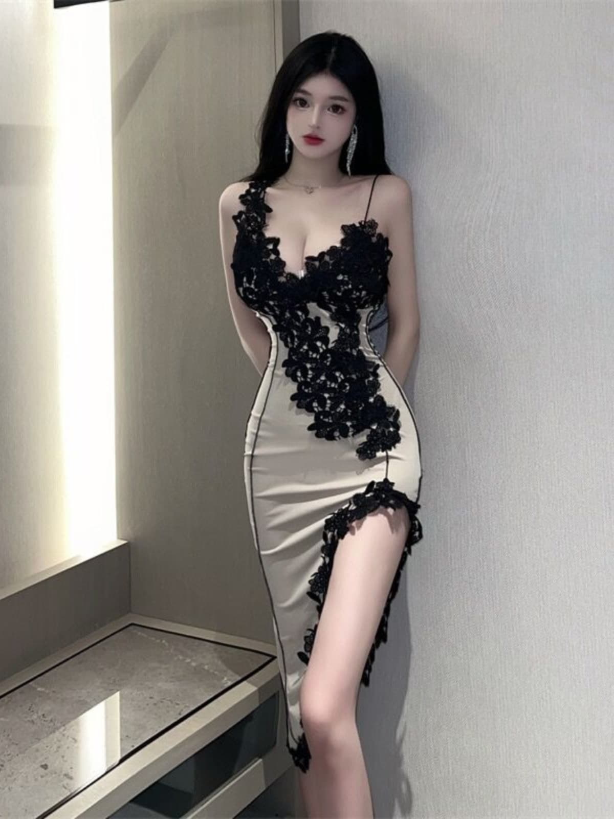 レース 服 花蔓レース スリットワンピース