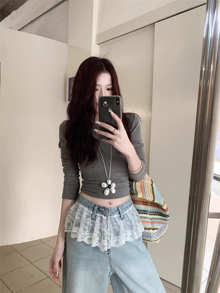 レース 服 レース飾り付き極太デニムパンツ