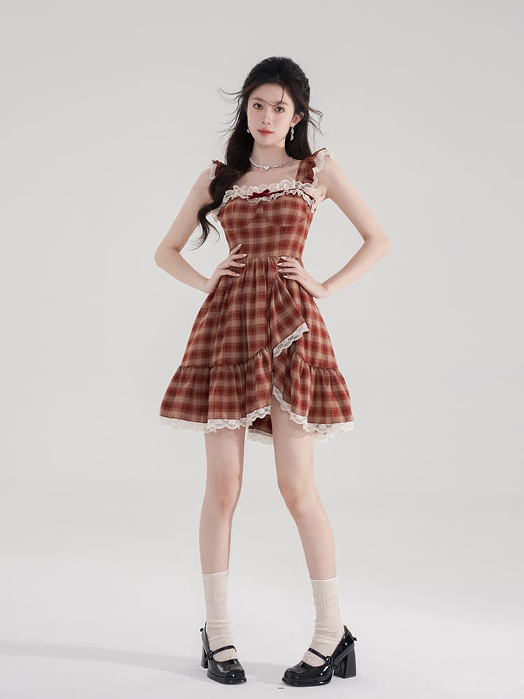 レース 服 格子模様フリルレースワンピース