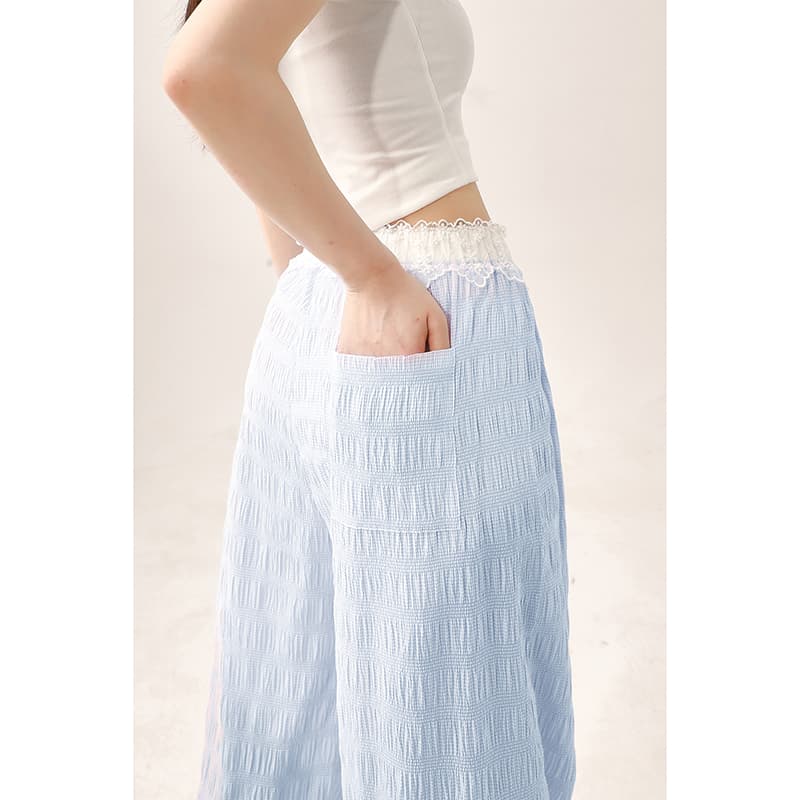レースファッション レース付きシャーリングワイドパンツ