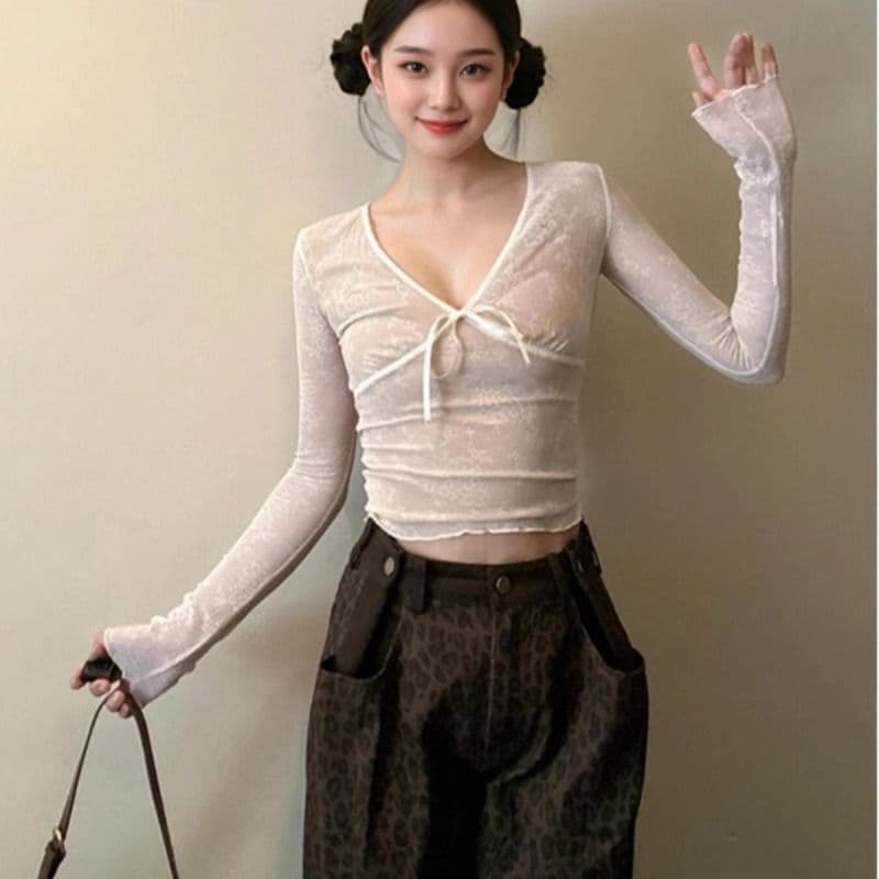 レース 服 シアーレース リボン結び 長袖トップス