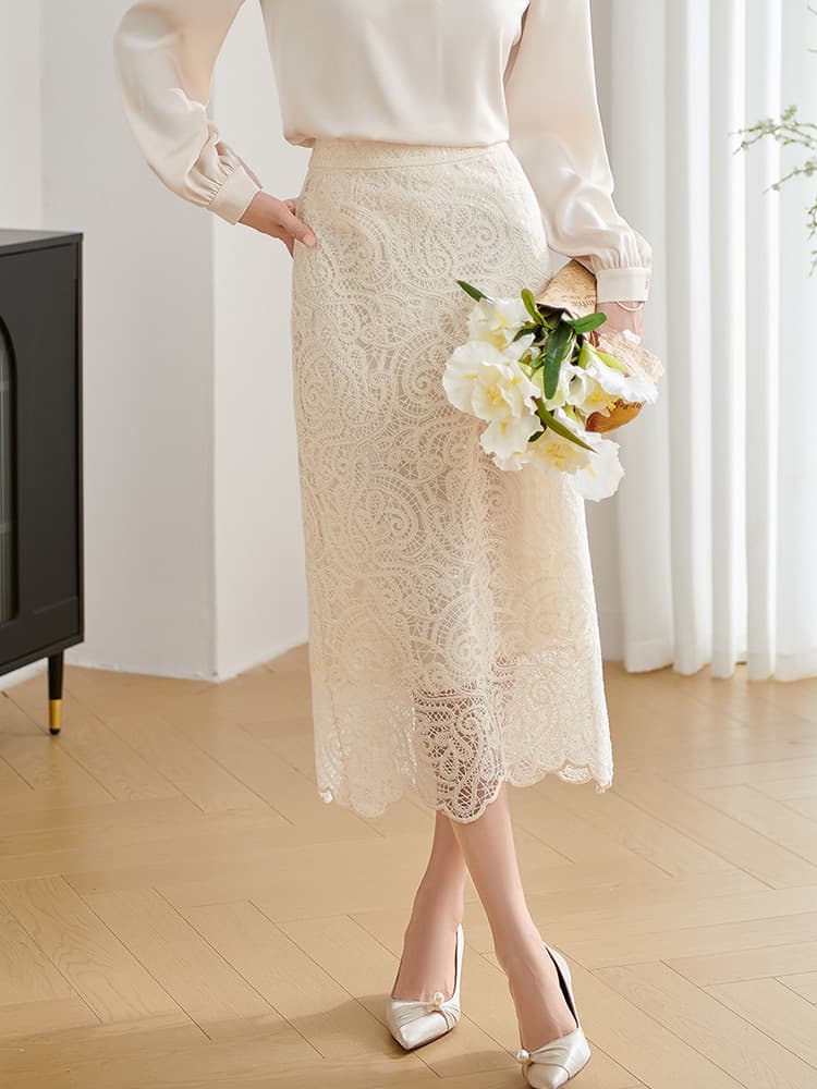 レース 服 上品花模様レースミディスカート