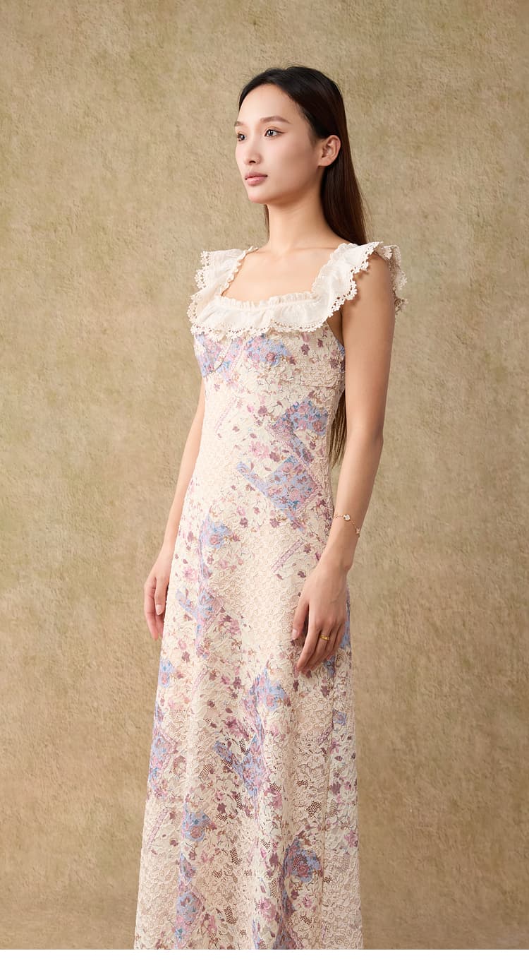 レース 服 花柄フリルレースロングワンピース